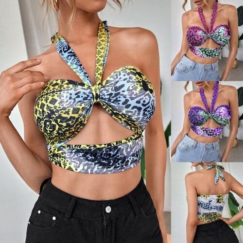 Free Shipping Sexy Womens Traf Casual Leopard Print Hanging Neck Short Top 2021 Fashion Summer Clothes for Women женская одежда