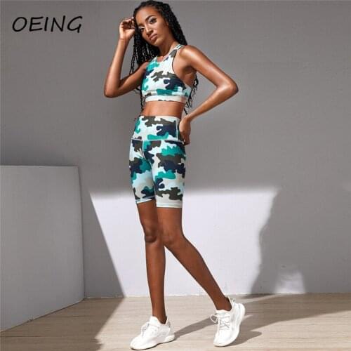 High Waist Seamless Yoga Active Wear Women 2 Piece Set Workout Fitness Camouflage Biker Shorts Sets