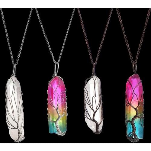 7Chakra Natural Rainbow Stone Tree of Life Pendant Necklace for Women Men Handmade Copper Wire Long Chain Statement Jewelry Gift