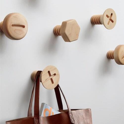 LCH Nordic Style Wood Hooks Screw Shape Natural Beech Wood Black Walnut Wood Clothes Coat Hooks Key Holder Wall Key Hanger