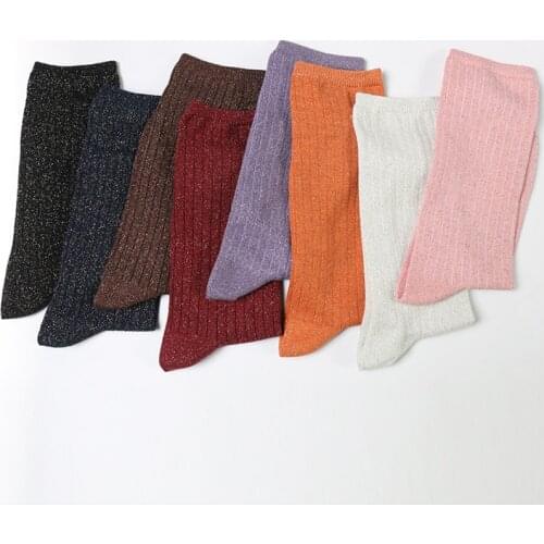 DONG AI 1 Pairs Women Simple Solid Cotton Silver Lurex Socks Girls Long Shining Sock Female Crew High-Socks