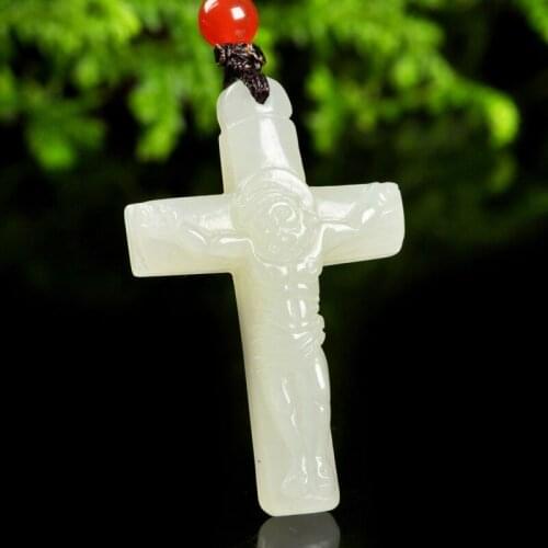 Natural hetian white jade hand-carved cross Christian pendant retro pendant temperament jewellery fashion for women men lucky