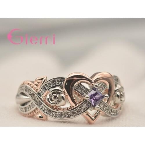 Valentine Birthday Gift Ring Sterling Silver S925 Purpe Crystal Heart Wedding Band Bague for Women Female Anniversary