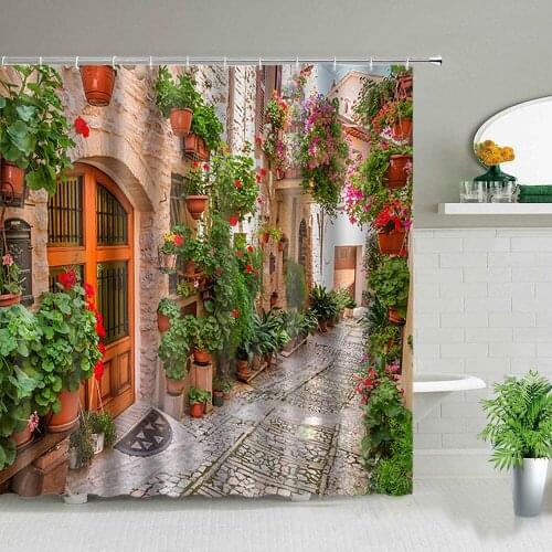 Colorful Street Alley Pattern Shower Curtains Green Plants Flowers Bathroom Curtain Waterproof Fabric Background Wall Decoration