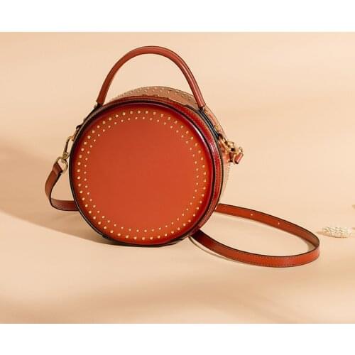 Leather Rivet Round Bag For Women Vintage Handbags Women Bags Circular Ladies Hand Bags Female Shoulder Crossbody Bags Woman