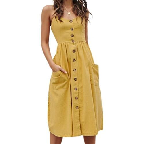 Fashion Women Sling Dress Plus Size Solid Color Single-breasted Sundress Pocket Spaghetti Straps Backless Midi Dresses Summer