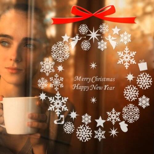 White Snowflake Window Sticker Bells Christmas Tree Bow Happy New Year Festival Christmas Window Stickers Landscape Winter New