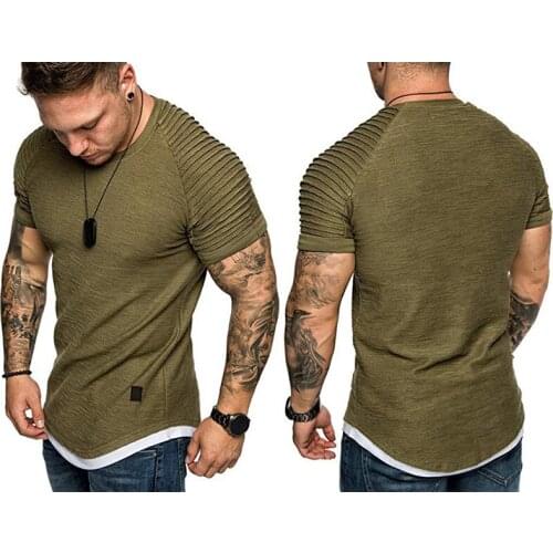 Summer New Men T-Shirt Pleated Wrinkled O Neck Slim Fit Soild Fitness T-Shirts Male Casual Tops Gym Runner Tees Short Sleeve