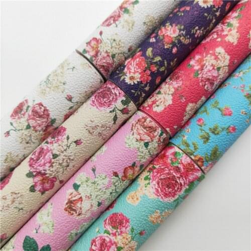 Onefly Wholesales Dropshipping Leather Supplier Rose Flowers Printed Synthetic Faux Leather Fabric Sheets For Bow DIY FZ175