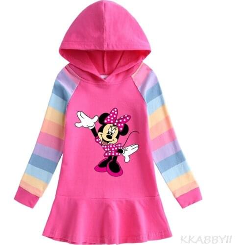 Fall New Minnie Mouse Girl Dress Cartoon Rainbow Skirt Childrens Long Sleeve Hoodie Dress