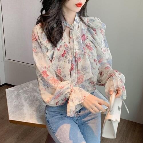 Autumn Women Shirts Floral V-neck Shirt Chiffon Shirt Blouse Women Loose Long Sleeve Shirt Blusas