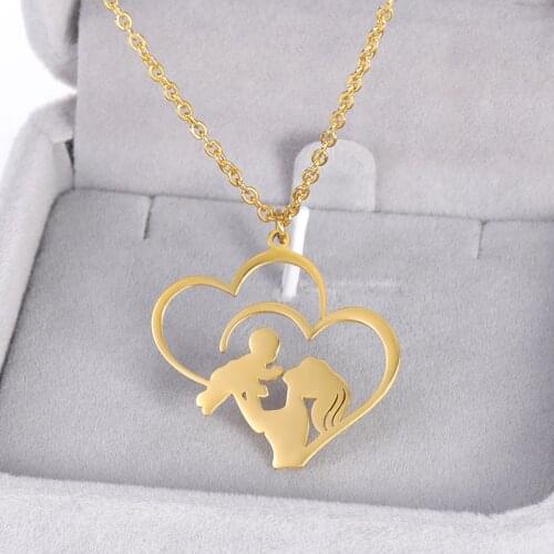 Mother Baby Heart Charm Pendant Necklaces For Wife Mother Gold Silver Color Stainless Steel Choker Family Charm Jewelry Fashion