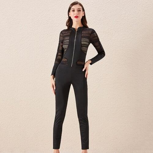 2020 Sexy Night Party Club Black Lace Sheer Mesh Jumpsuit Women Casual O Neck Long Sleeve Bodycon Rompers Female Overalls