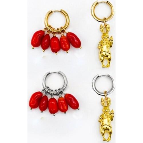 Gift Lovely Party Fashion Jewelry Cute Female bohemian Natural red coral bead stainless steel hoop Earrings luxulry for women