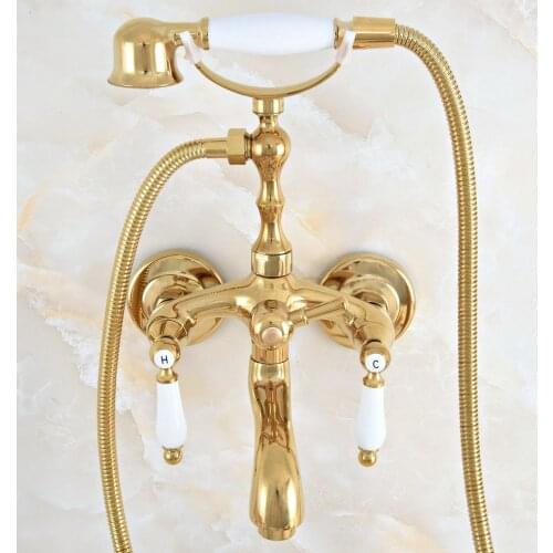 Luxury Polished Gold Color Brass Bathroom Wall Mounted Clawfoot Tub Faucet Taps Set With Hand Held Shower Head Spray mna822