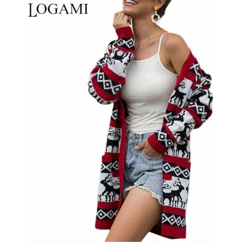 LOGAMI Christmas Sweater Women Deer Pocket Long Cardigan Knit Autumn Winter Coat Jumper