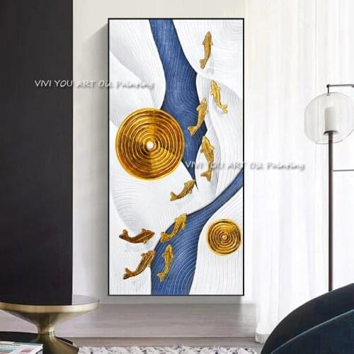 Hand Gold Circle Blue Art Fish Abstract Painting Oil Painting Wall Art Poster for The Living Room Family Painting Wall Painting
