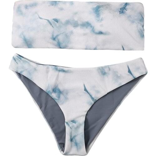 Sexy Bikini Set Women Strapless Print Swimwear Push Up Swimsuit Bandeau Biquin White Female Beachwear Swimsuit