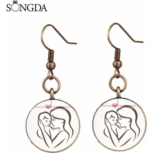 Mom Love Baby Pattern Fish Hook Dangle Earrings Cartoon Figures Art Photo Glass Dome Drop Earrings Pendients For Women Gift