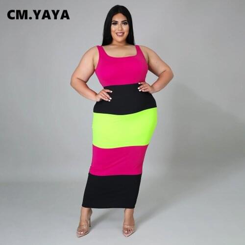 CM.YAYA Women Plus Size Dress Patchwork Sleeveless U-neck Stretchy Bodycon Long Maxi Dresses Fashion Casual Outfit Summer 2021