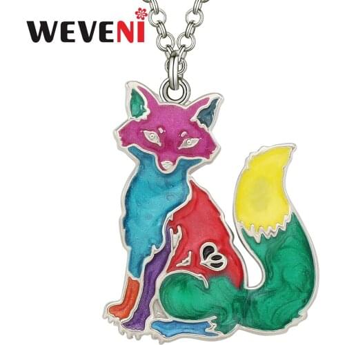 WEVENI Enamel Alloy Floral Cute Jungle Fox Necklace Pendant Long Fashion Chocker Unique Animals Jewelry Gifts For Women Girls