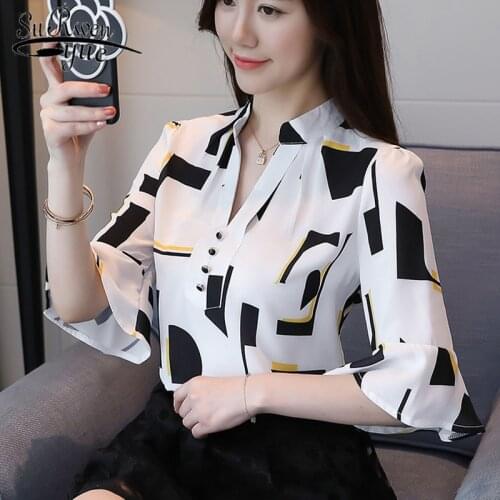 2019 new spring fashion women tops half sleeved chiffon blouses printed female clothing plus size OL women shirts tops 1195 40