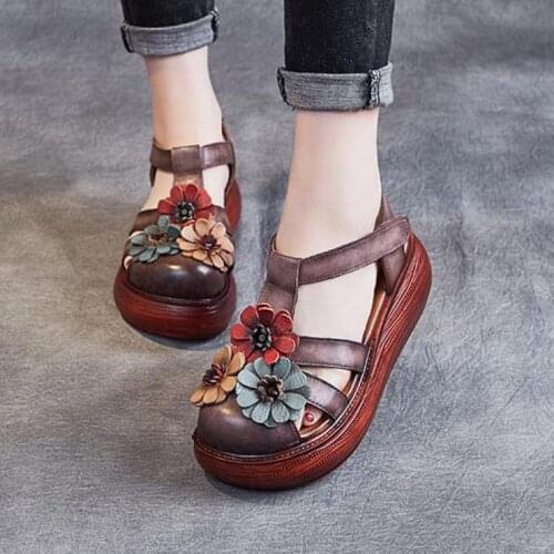 YourSeason Women Genuine Leather 2021 Women Summer 2021 Shoes Buckle Strap Casual Platform Ladies Retro Wedges Heighten Sandals