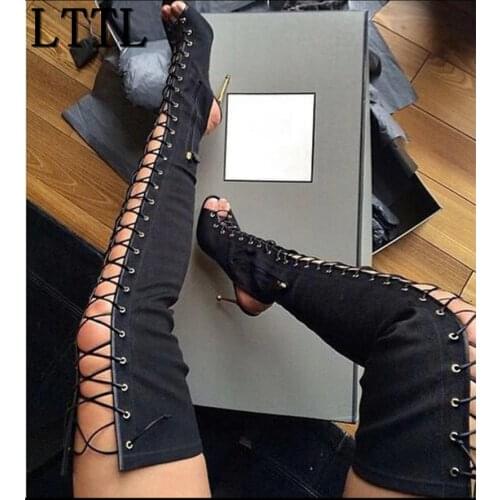 LTTL Sexy High Heels Over The Knee Thigh High Boots Lace Up Womens Booties Kim Kardashian Shoes Woman Gladiator Botines Mujer