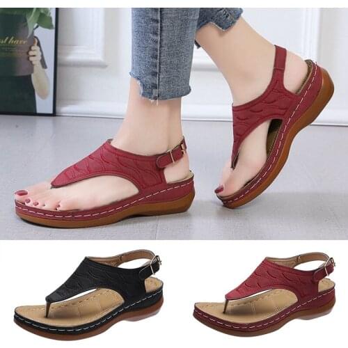 Womens Wedges Sandals Stylish Retro Sandal Solid Color Ladies Open Toe Non-slip Flip Flops Large Size JL