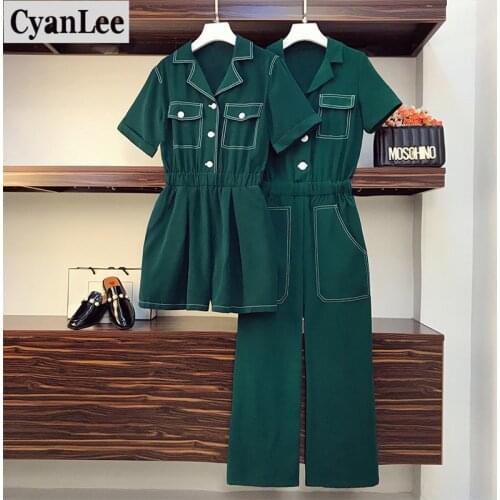 Cyanlee Plus Size 2020 Summer Women Casual Rompers Turn-down Collar Button Solid Green Fashion Loose Safari Style Jumpsuits