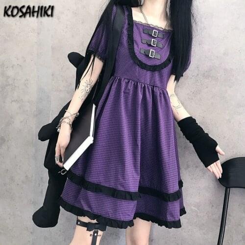 KOSAHIKI 2021 Purple Japanese Vintage Retro Girls Dresses Square Collar Harajuku Vestidos Sweet Puff Sleeve Femme Robe 11a082