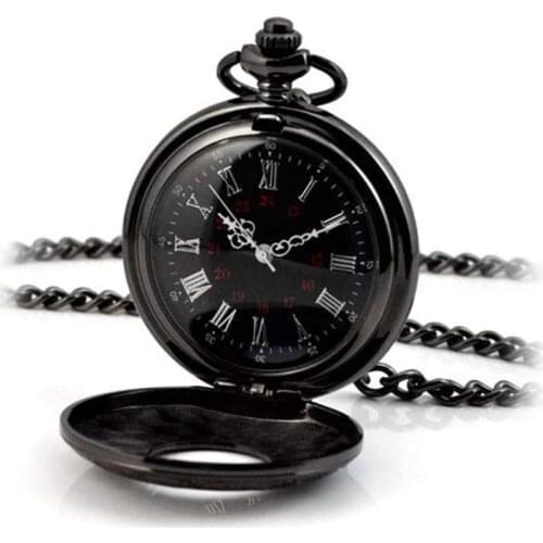 Antique Style Roman Numerals Pocket Watch Men Women Black Hollow Case Quartz Steampunk Vintage Pendant Necklace Clock
