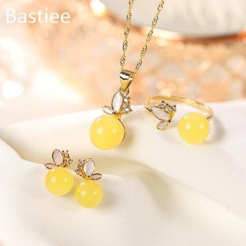 Bastiee Butterfly Amber Beads Silver 925 Jewelry Sets For Women Rings Necklace Pendant Stud Earrings Gift Golden Plated