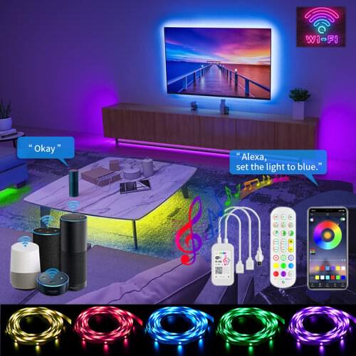 Vogliovoi WIFI Bluetooth SMD5050 Ribbon RGB LED Strip Light 15M 20M 25M Non Waterproof Diode Tape Adapter AC100-240V Phone APP