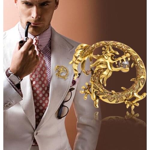 Chinese Style Dragon Brooch Zodiac Mens Suit Pin Vintage Animal Pearl Corsage Brooch Rhinestone Pendant Badge Pins Accessories
