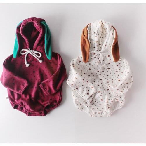Fashion Fall Winter Baby Girl Clothes Cotton Cute 3D Rabbit Ear Star Print Long Sleeve Hooded Thicken Sweater Baby Romper 0-18M