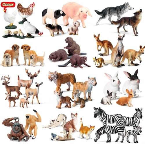 Oenux Cute Wild Farm Animals Simulation Tiger Horse Sheep Dog Hen Action Figure Figurines PVC Model Educational Decoration Toys