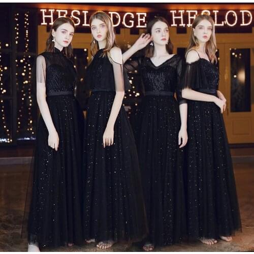 Bridesmaids Dresses Illusion Black V-Neck Spaghetti Straps Sequined Sashes Lace Tulle Floor-Length Women Wedding Party Gown E143