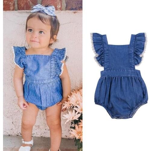 Summer Baby Girls Casual Romper Dark Blue Square Collar Sleeveless Lace Hem Jeans Bodysuits Jumpsuits