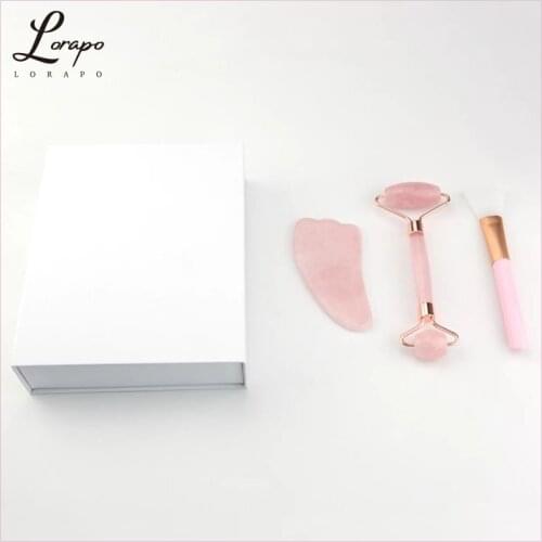 Facial Massager Powder Crystal Roller Rose Quartz Roller Jade Roller Scraper Mask Brush Three-piece Beauty Face-lifting Tool