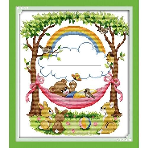 The Bear Plays On The Swing Chinese Cross Stitch Kits Ecological Cotton Stamped Printed 14 11CT DIY Wedding Decoration For Home