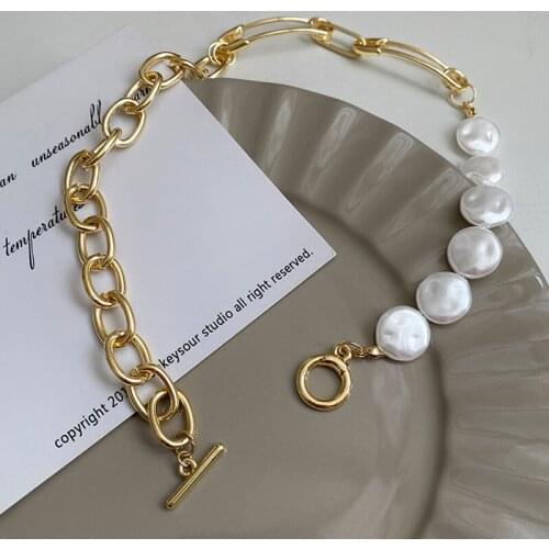 Minar Luxury Round Pearl Paperclip Necklaces for Women Gold Color Chunky Hollow Linked Chain Asymmetry Chokers Necklace Jewelry