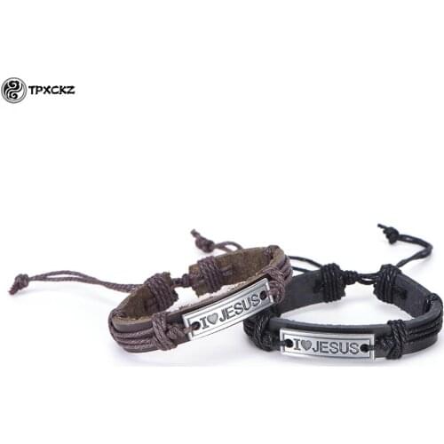 Men/Women Christian Alloy Wrap Leather Cuff Bangle Bracelet Wristband "I Love JESUS"