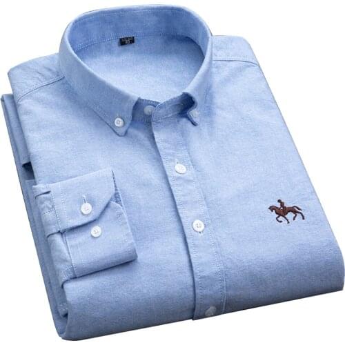 Men Shirt Stripe Casual Cotton Oxford White Long Sleeve Embroidery Regular Fit Soft Comfortable Male Blouse