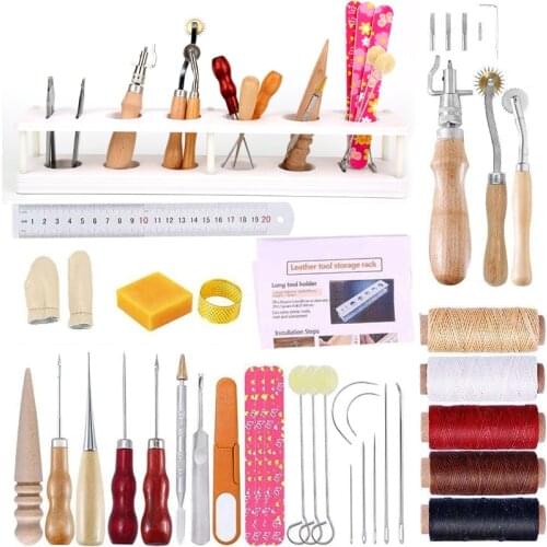 KAOBUY 39 PCS Leather Tooling kit with Instructions Scratch Wire Wheels Waxed Thread for Leather Sewing Leather Working Supplies