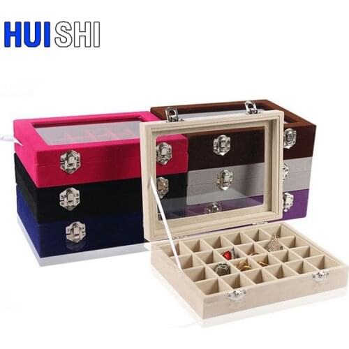 New 24 Grids Size 20*15*4.8cm Velvet Jewelry Organizer Ring Earring Holder Pendant Jewellery Box Tray Storage Glass Lid Showcase