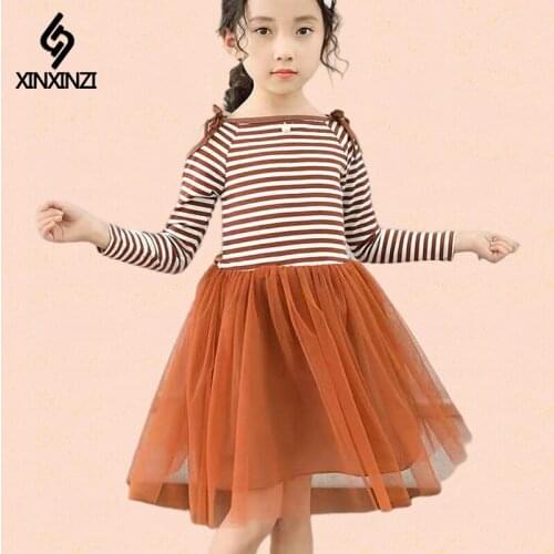 Girls' autumn dress, striped dresses, spring and autumn Korean childrens western princess dresses, childrens cotton mesh dress