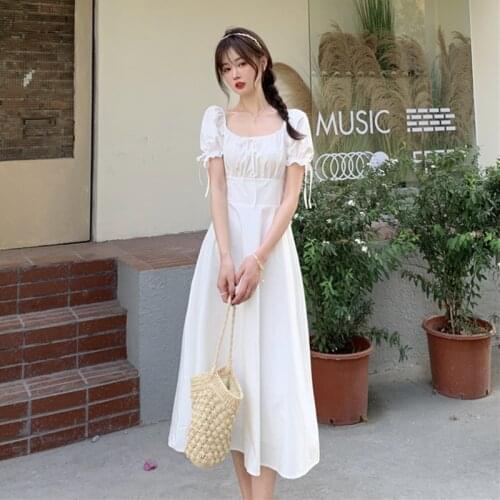 French Style Super Fairy Sweet Long Dress Square Collar Lace up High Waist Slimming Hollow Bow Elegant Dress for Women Summer