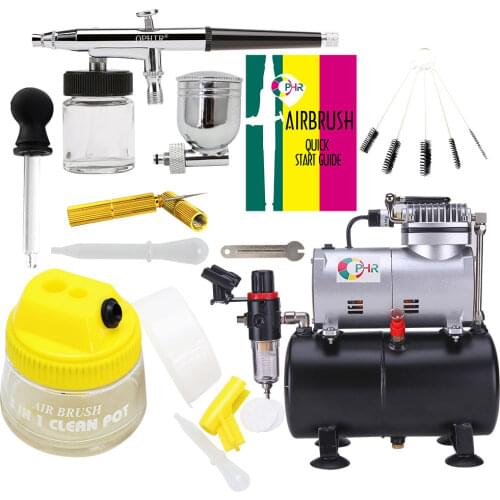 OPHIR 110V 220V Pro Compressor with Tank & Dual Action Air Brush Kit & Cleaning Tools Set for Makeup Model Painting Tattoo Hobby