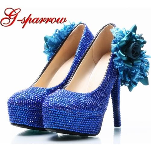 Blue Rhinestone Wedding Dress Shoes with Appliqued Flower Party Prom High Heel Shoes Handmade Lady Anniversary Party Pumps